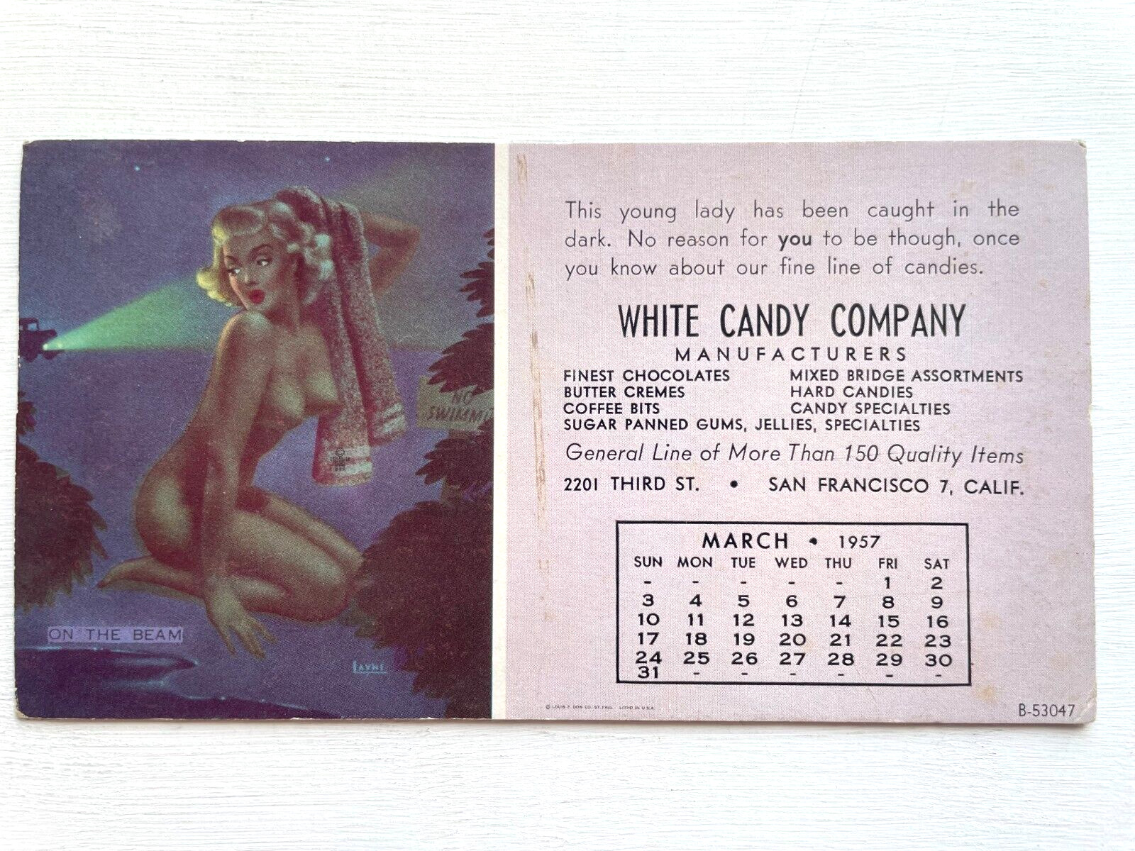 March 1957 Pinup Girl Blotter by Layne- In The Beam- White Candy Company