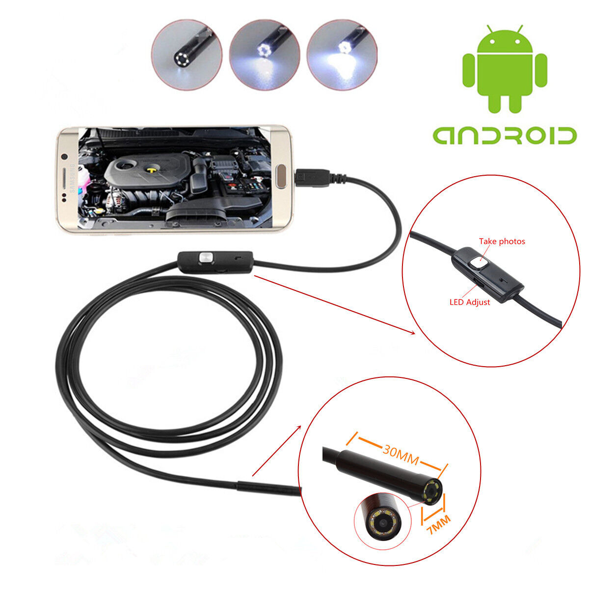 Car Industrial Tube 7mm Waterproof Endoscope Inspection Camera 6 LED For Android