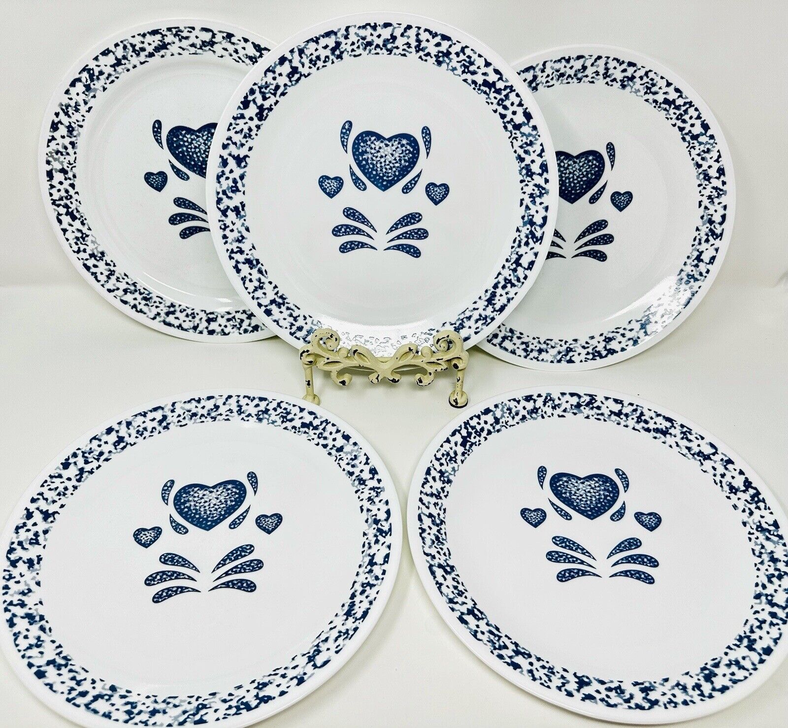 Set of 5- Corelle Blue Hearts Dinner Plates ~ Excellent ~ 10 1/4\