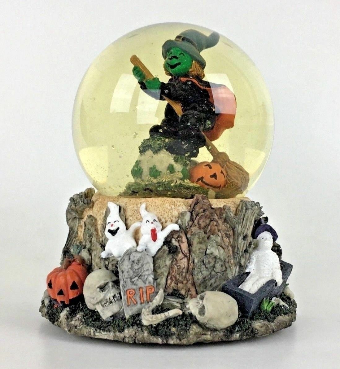 HALLOWEEN Musical Snow Globe Decoration Witch Pumpkin Ghost Skull Vtg Gift Video