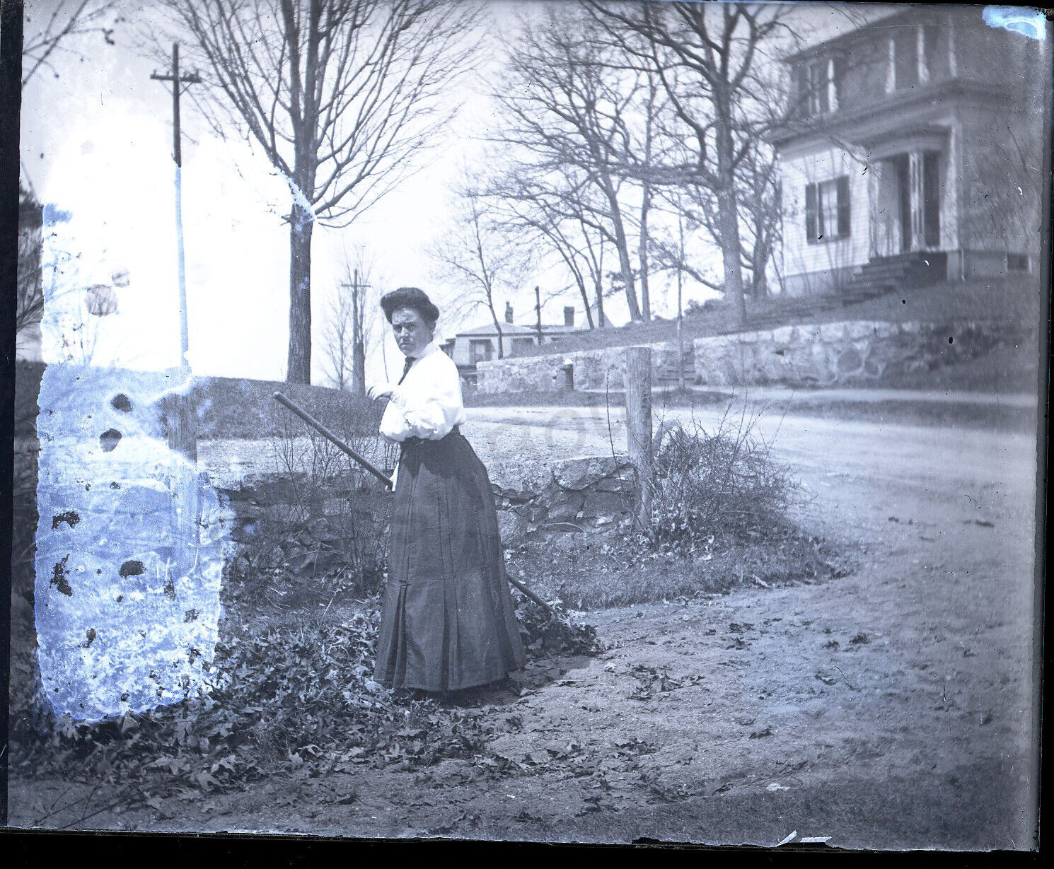 Antique Negative Glass Slide Photo Old Americana Woman Sweeping Ossipee NH #85