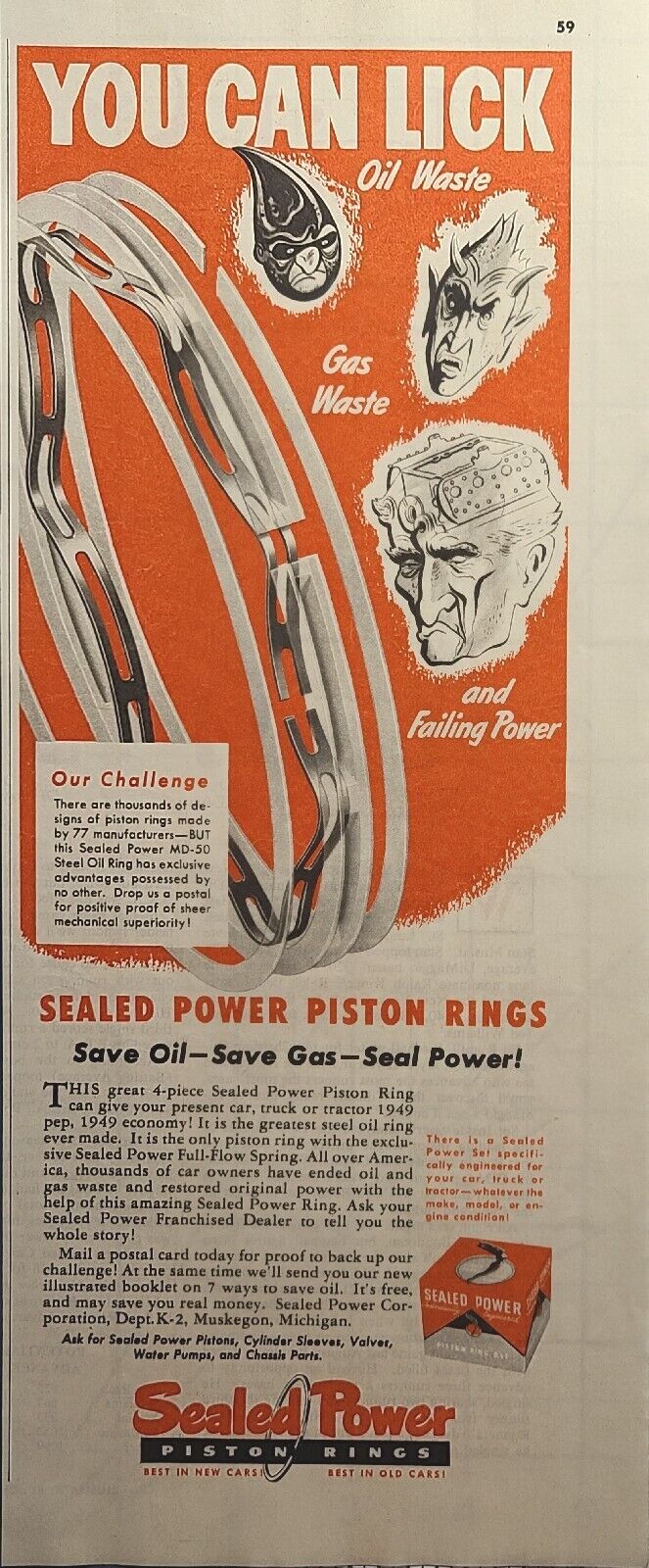 Sealed Power Piston Rings Save Oil Gas Power Muskegon MI Vintage Print Ad 1949