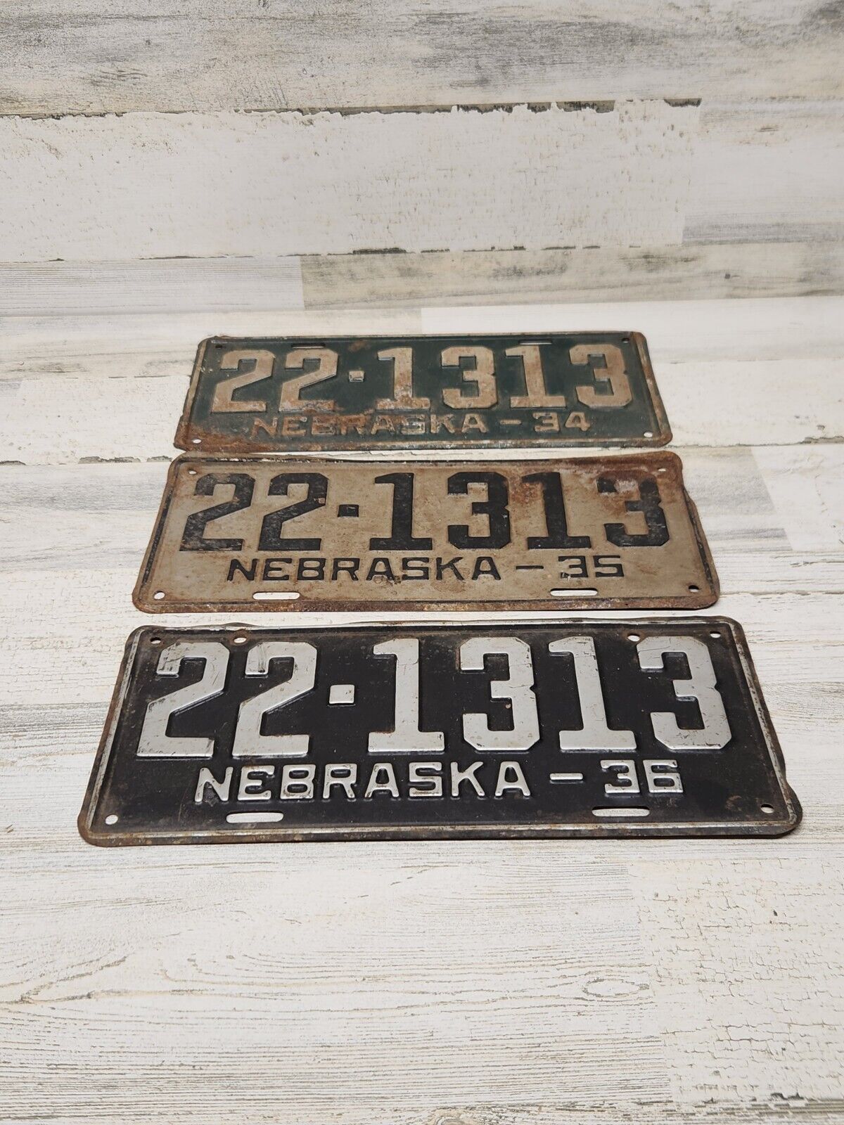 Nebraska 1934 35 36 Auto License Plate 22-1313 Vintage Man Cave Lot Of 3