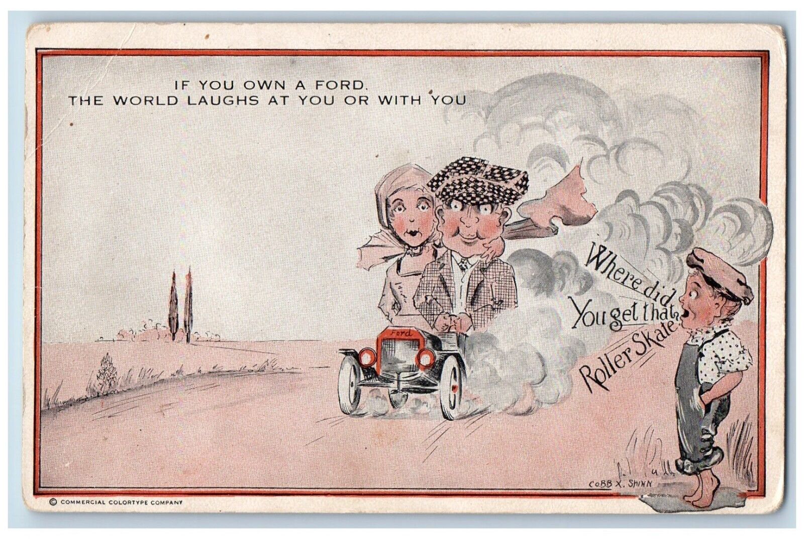Cobb Shinn Artist Signed Postcard Anti Ford Car Comic Humor Roller Skate c1910\'s