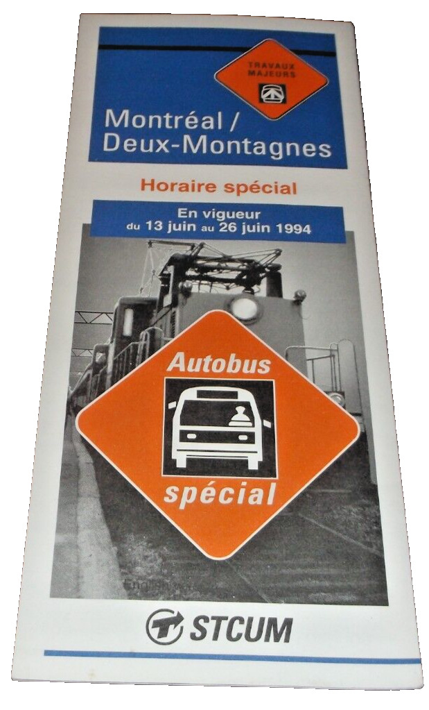 JUNE 1994 STCUM MONTREAL TO DEUX-MONTAGNES PUBLIC TIMETABLE