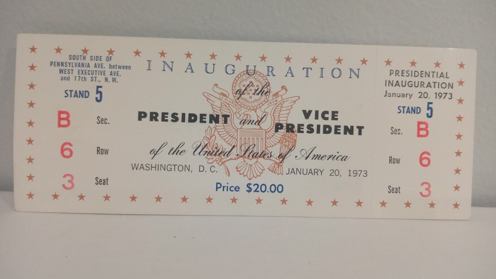 1973 President Richard Nixon Inauguration Full Ticket $20 Stand 5, Row 6, Seat 3
