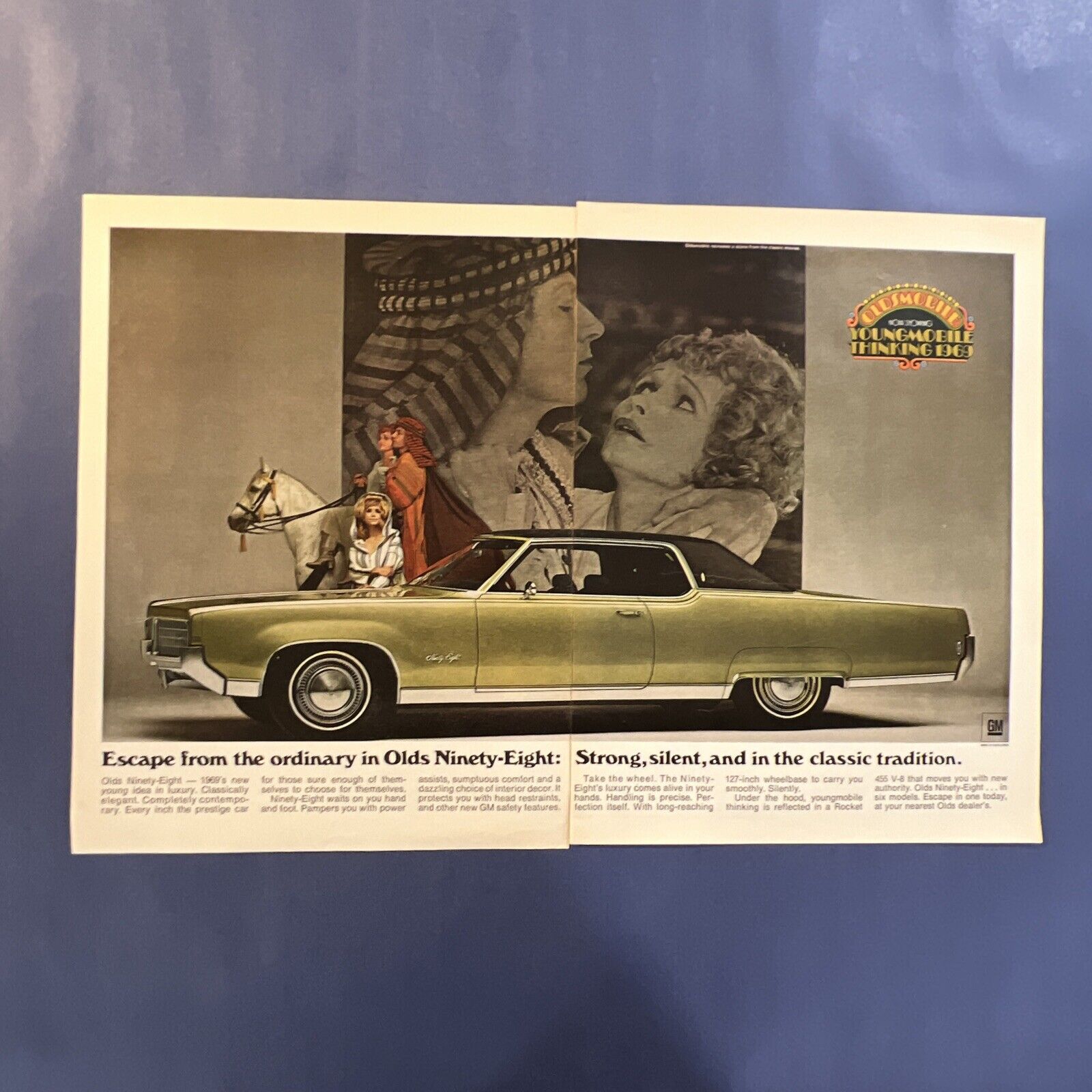 1968 Vintage Print Ad. ‘69 Oldsmobile Ninety-Eight 2-PAGE Silent Film Era