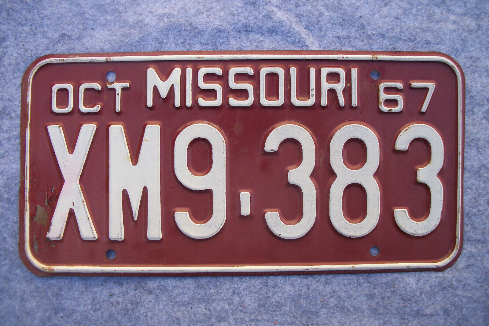 1967 MISSOURI LICENSE PLATE, ORIGINAL PAINT  # XM9-383.