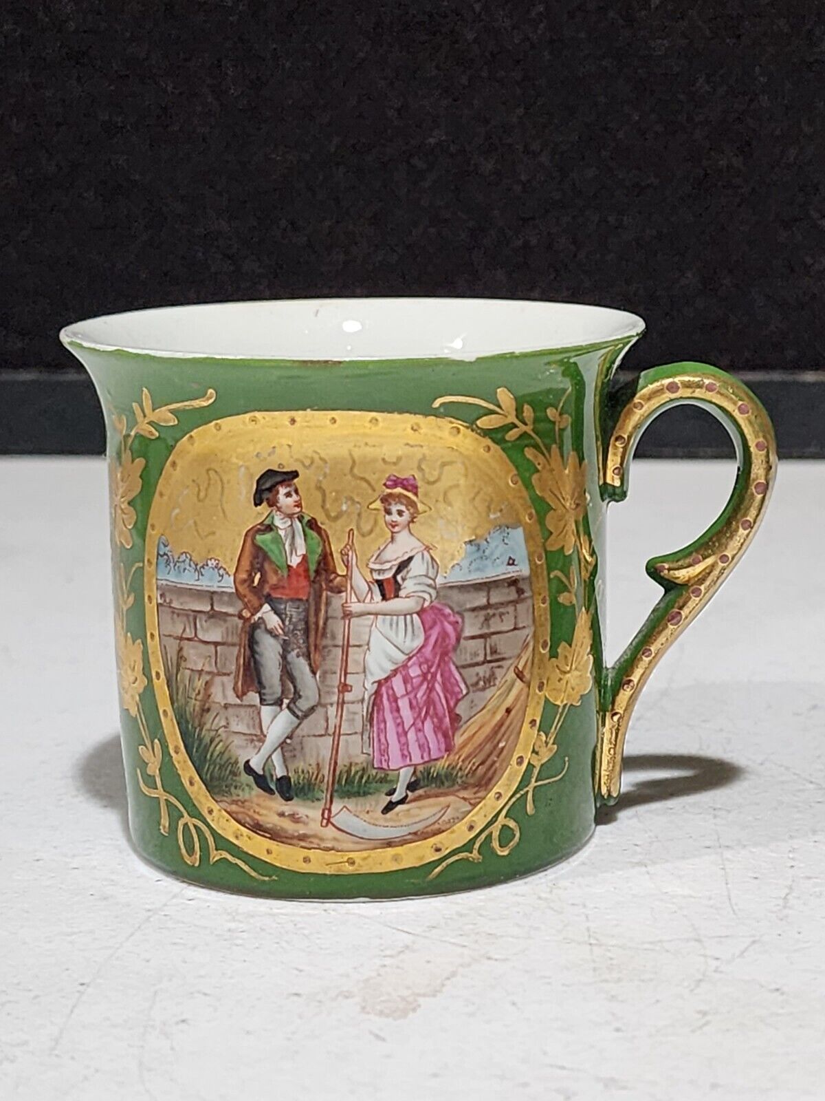 Antique Hand Painted Portrait Cup German Continental Porcelain Green Gold