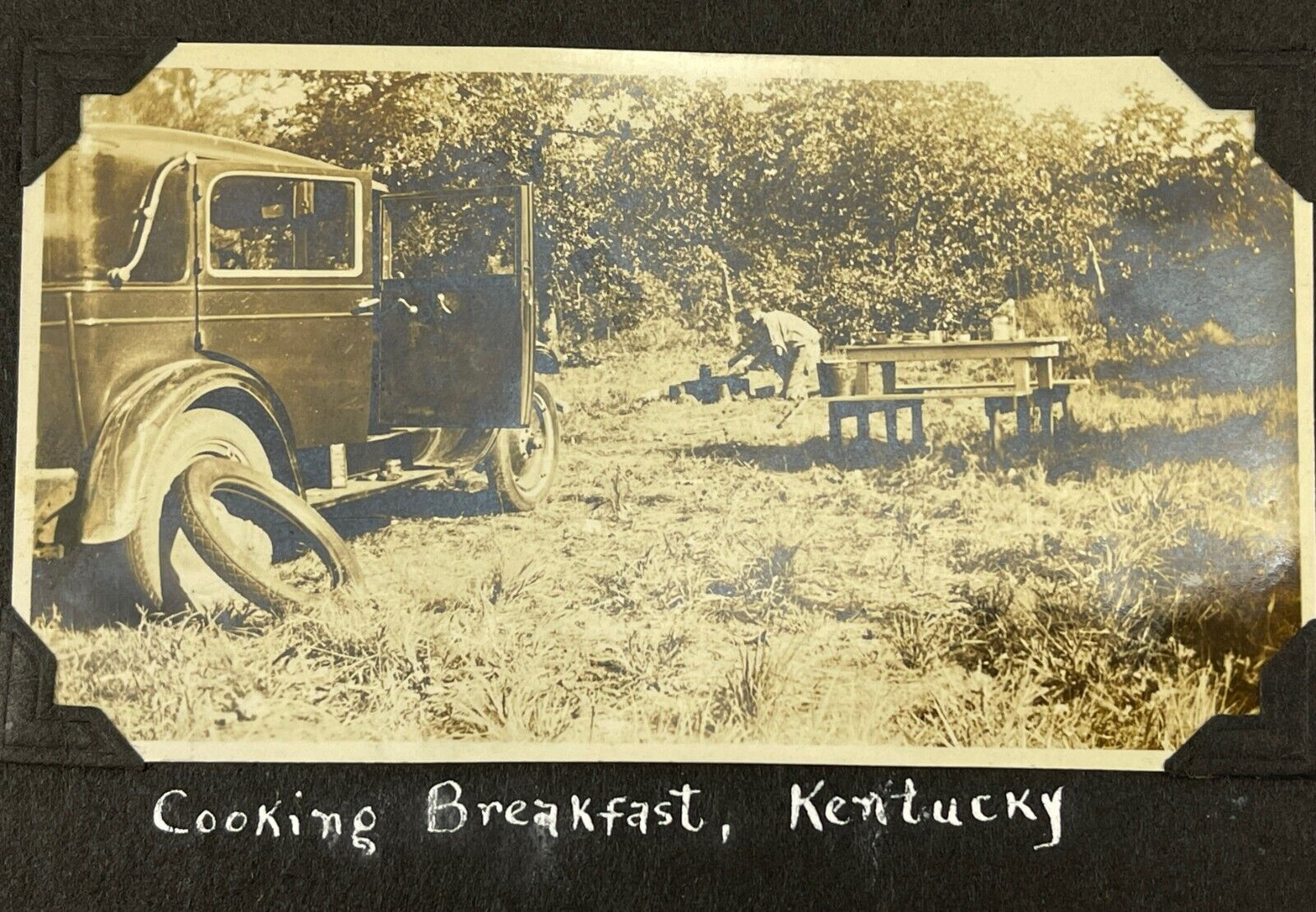 CAMPING IN KENUTCKY Old Classic Car 1930s Antique Photo Cooking Breakfast Camp