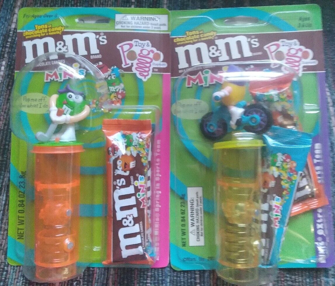 Lot of 2 M&Ms Mini\'s Toy & Pogos Green Golfer and Yellow Bicycle Driver, NIP