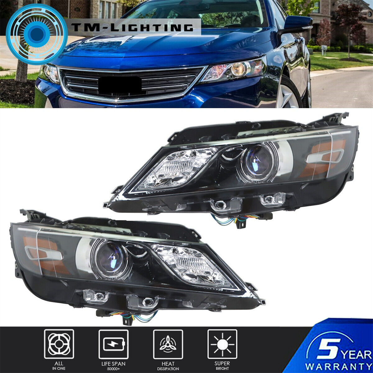 For 2015 2016-2020 Chevrolet Impala Pair Halogen Headlights Headlamps Assembly