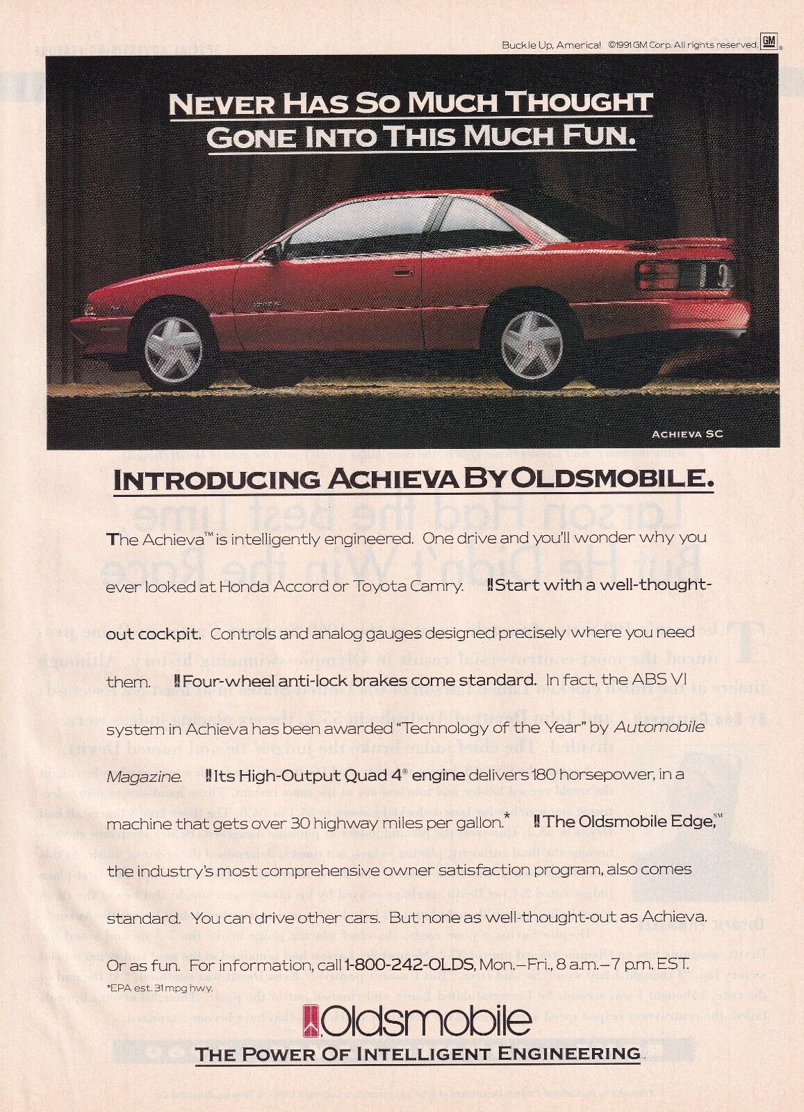 Print Ad 1992 Oldsmobile Achieva SC 8\