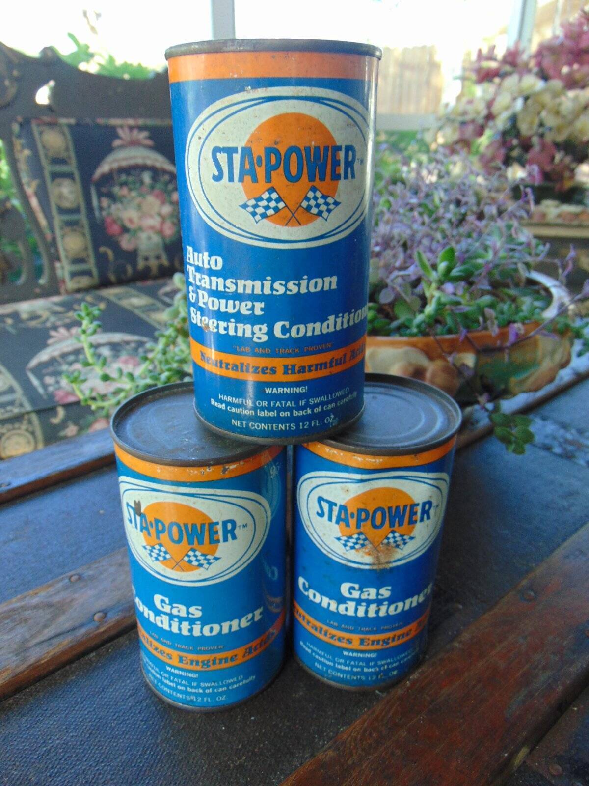 (Lot 3) vintage 60\'s STA POWER TIN LITHO CANS conditioners (2)gas(1)transmission
