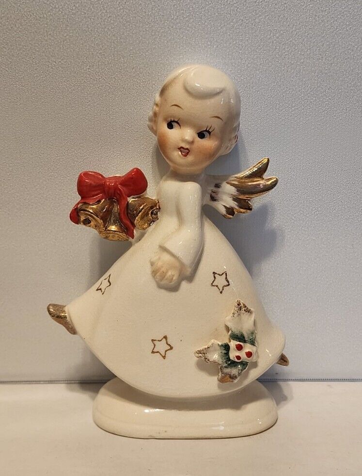 Vintage Shafford Christmas Angel Figurine 6A/225 RARE Gold Bells With Ribbon 
