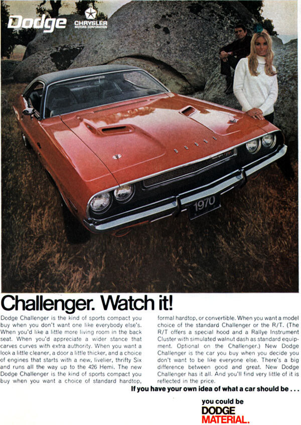 1970 Dodge Challenger R/T 426 Hemi Muscle Car Hood 1969 Magazine Print Ad