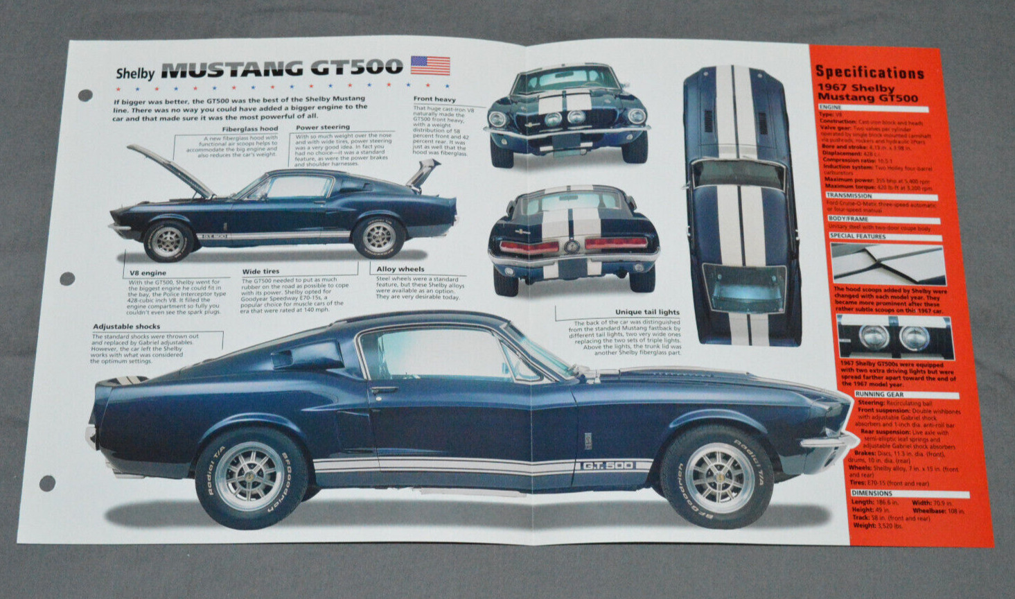 1967-1970 SHELBY FORD MUSTANG GT500 Muscle Car SPEC SHEET BROCHURE PHOTO BOOKLET