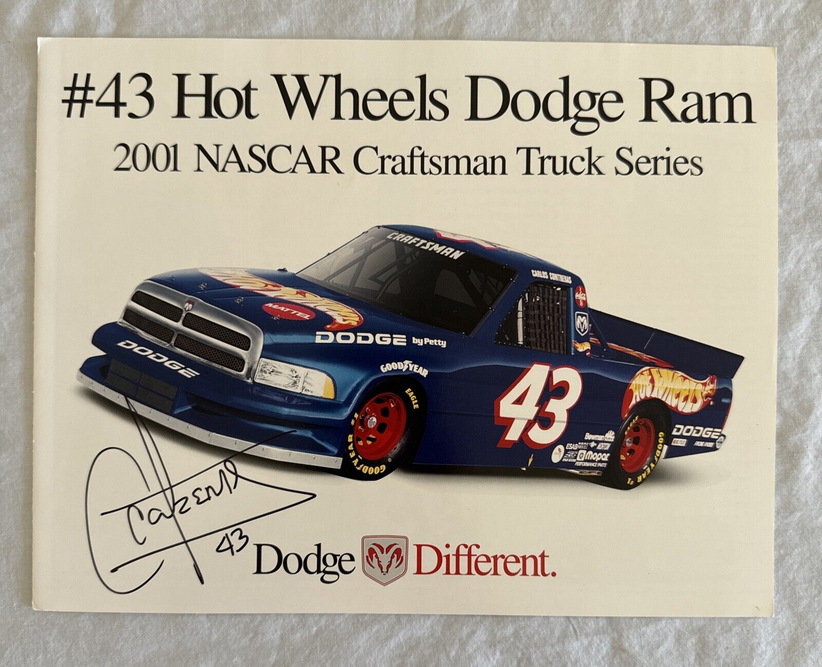 2001 Carlos Contreras #43 Hot Wheels Dodge Ram - NASCAR Photo Card 8.5”x11”