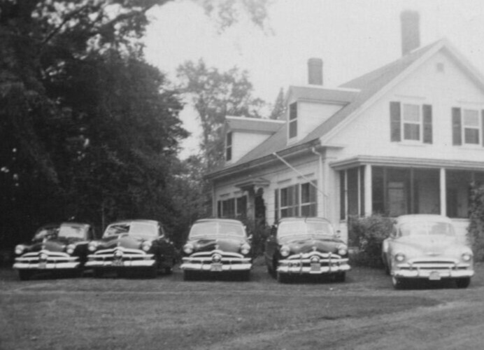 4W Photograph Cool Old Ford Cars Automobiles Line Up Row Old House 1940's 