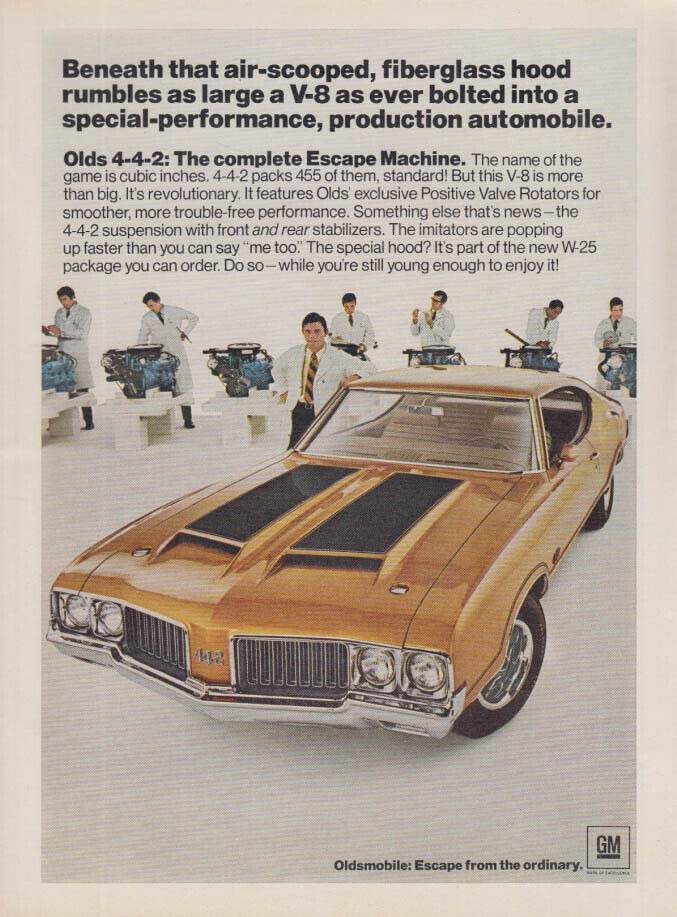 As large a V-8 ever bolted in: Oldsmobile 4-4-2 455 ad 1970