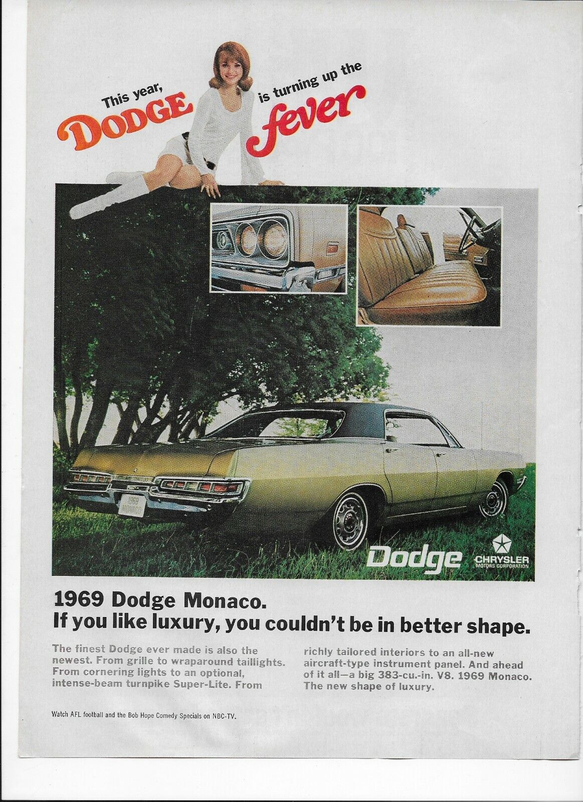 1968 1969 Dodge Monaco Green 383 V8 Grass Park Car Original Poster Print Ad