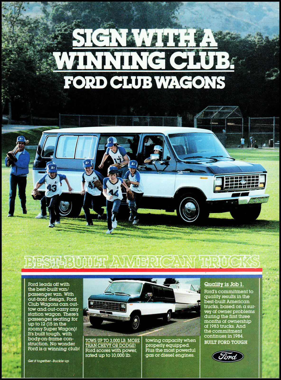 1984 Ford Club Wagon Little League Baseball Team coach retro photo print ad S29
