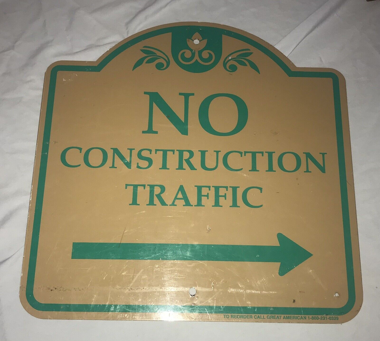 FANCY METAL STREET SIGN 18 X 18” “No Construction Traffic” Aluminum Brown Green