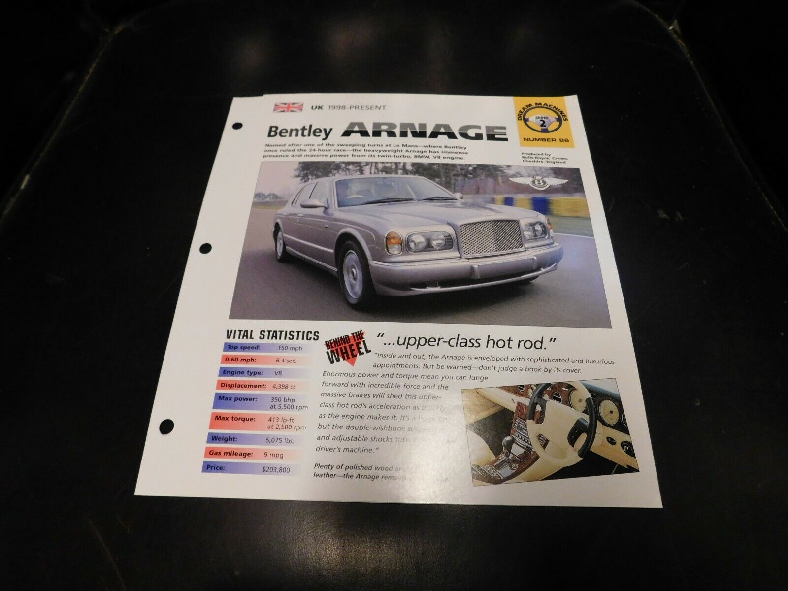1998+ Bentley Arnage Spec Sheet Brochure Photo Poster