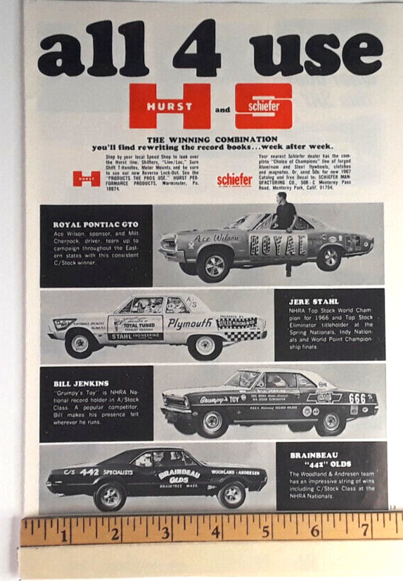 1967 HURST -ROYAL PONTIAC GTO - BILL JENKINS  GRUMPYS TOY - OLDS 442 ORIGINAL AD