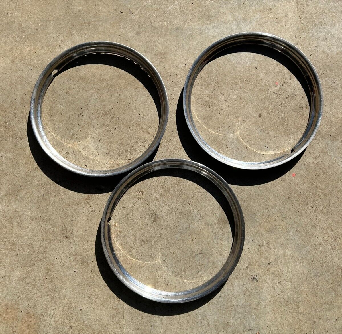 Set of 3 - 15” Vintage Stainless Steel Beauty Trim Rings Studebaker Ford Chevy