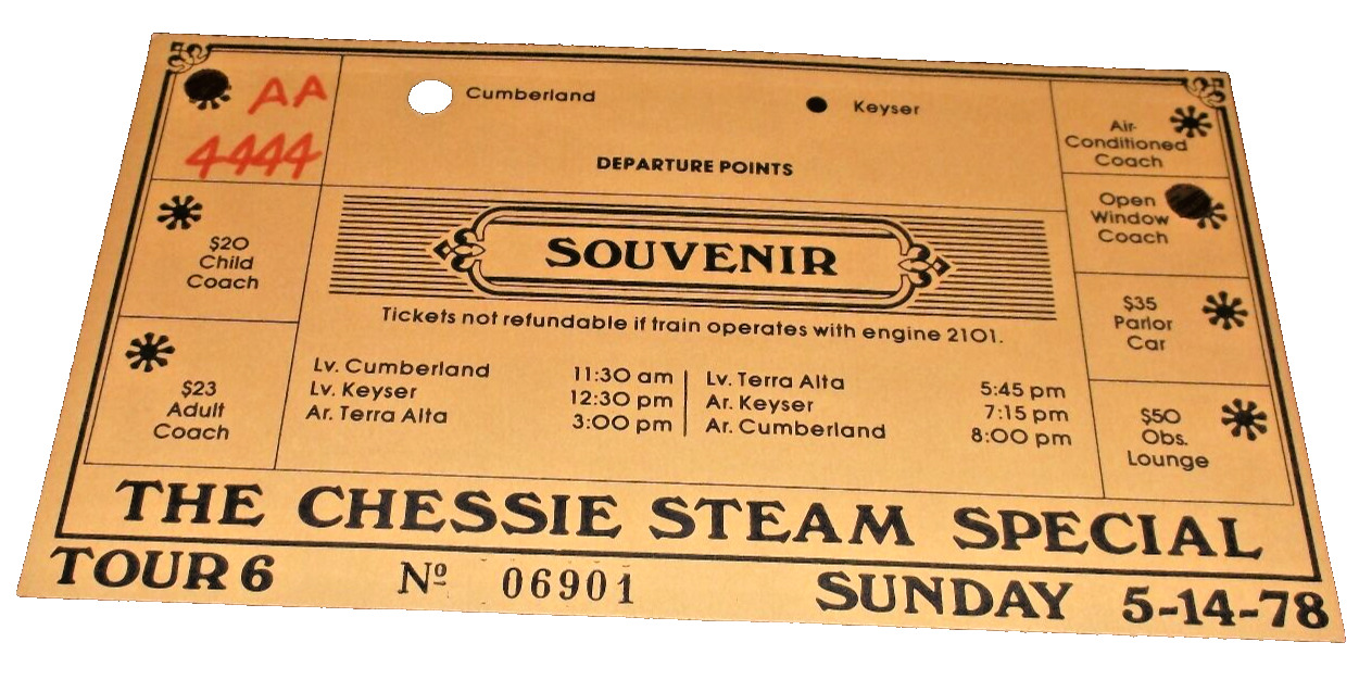 MAY 1978 CHESSIE SYSTEM STEAM SPECIAL SOUVENIR TICKET C