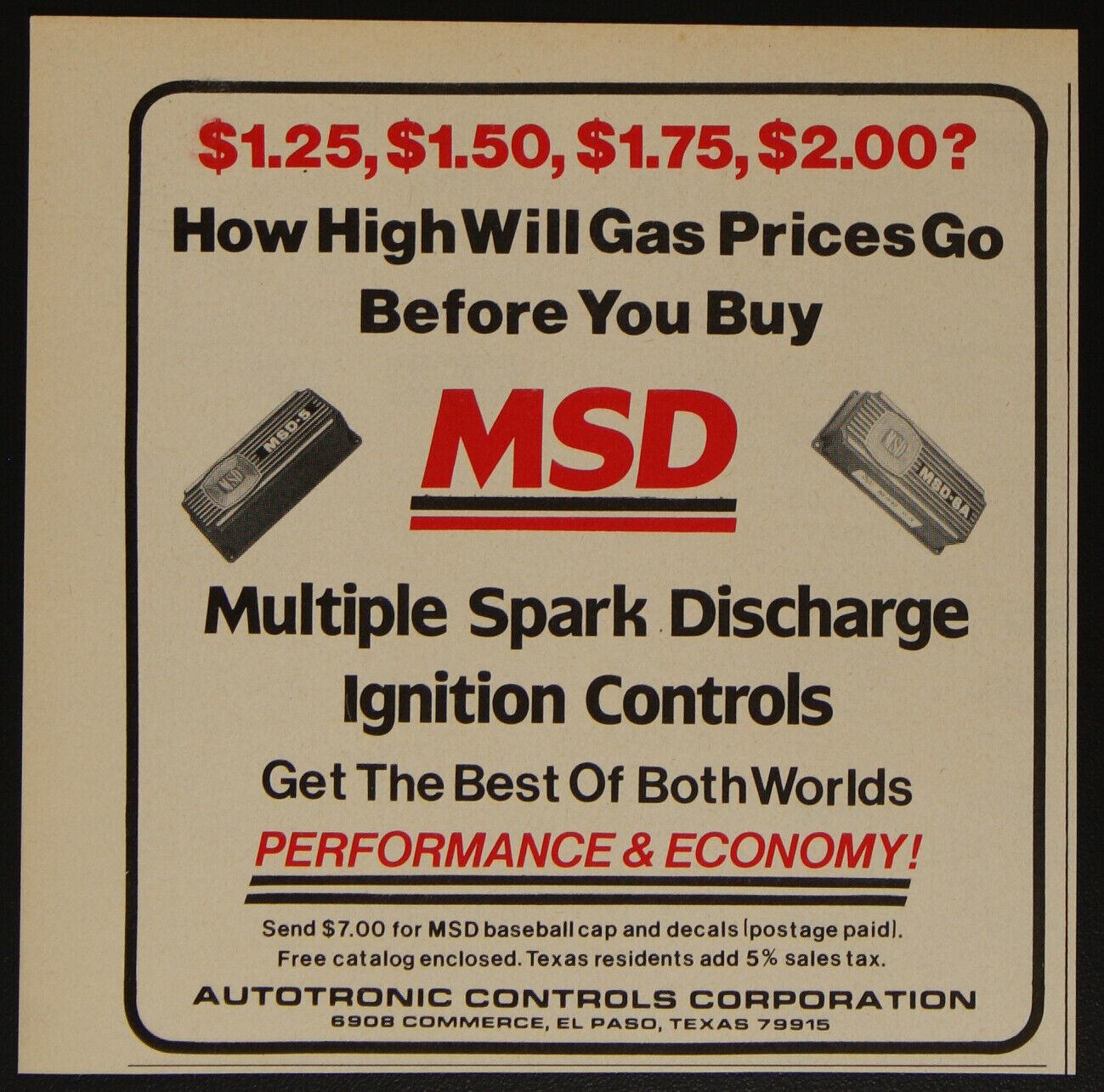 MSD Multiple Spark Discharge Auto Electronic Ignition Vintage Print Ad 1980