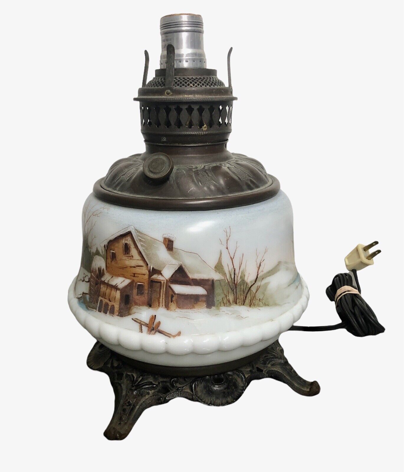 Vintage Kerosene Oil Lamp Hand Painted Converted To Electric ￼Grist Mill Castle