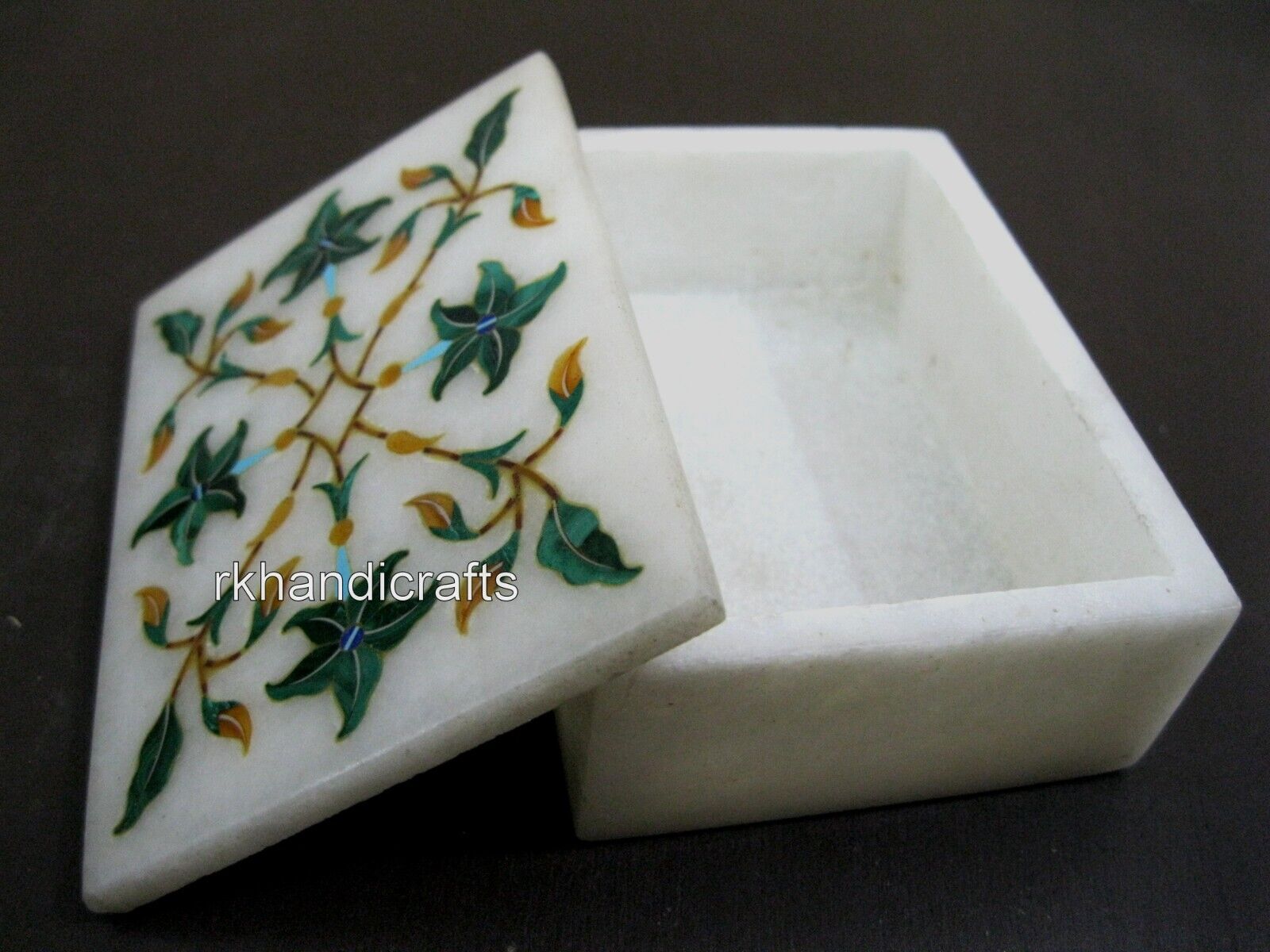 3 x 2 Inches White Marble Jewelry Box Semi Precious Stone Inlay Work Chain Box