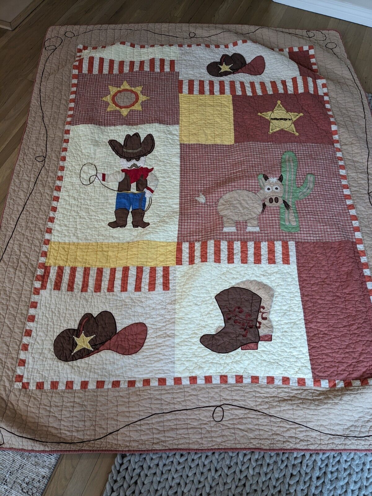 Nice Cowboy Quilt, 5\' X 7\', Cotton Blend, Looks Hand Stitched, Few Small Stains