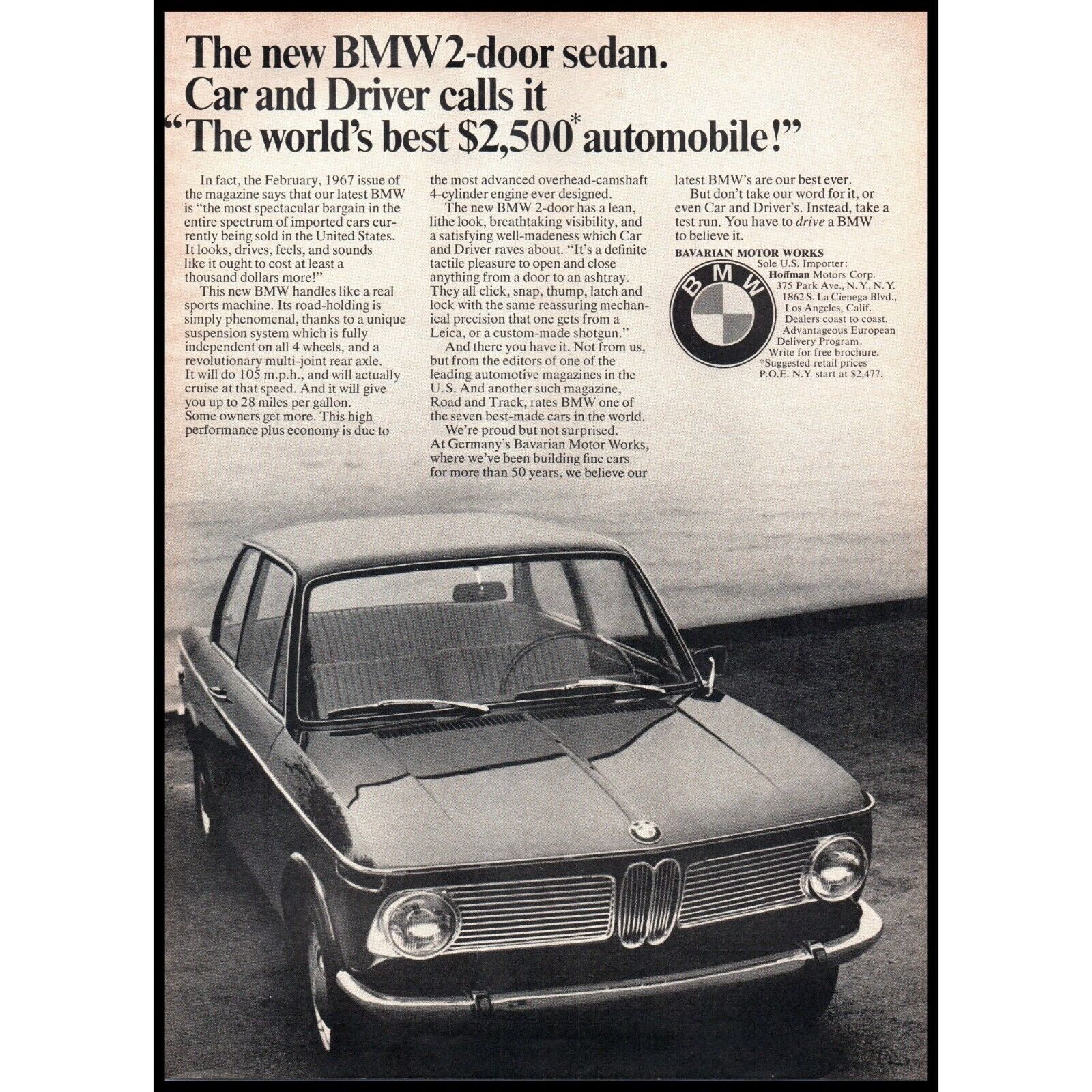 1968 BMW 1600 2 Door Sedan Vintage Print Ad Kidney Grill Front End Wall Art