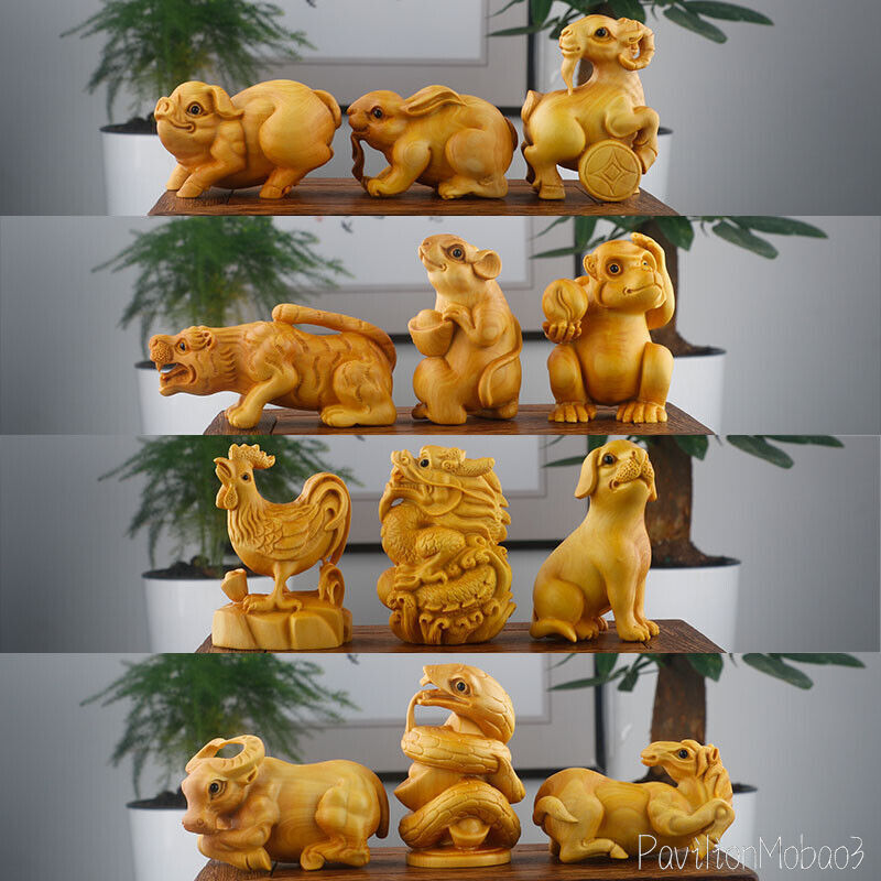 12 Pcs New Boxwood Carved Chinese Zodiac Year Netsuke Figurines Animals Statues