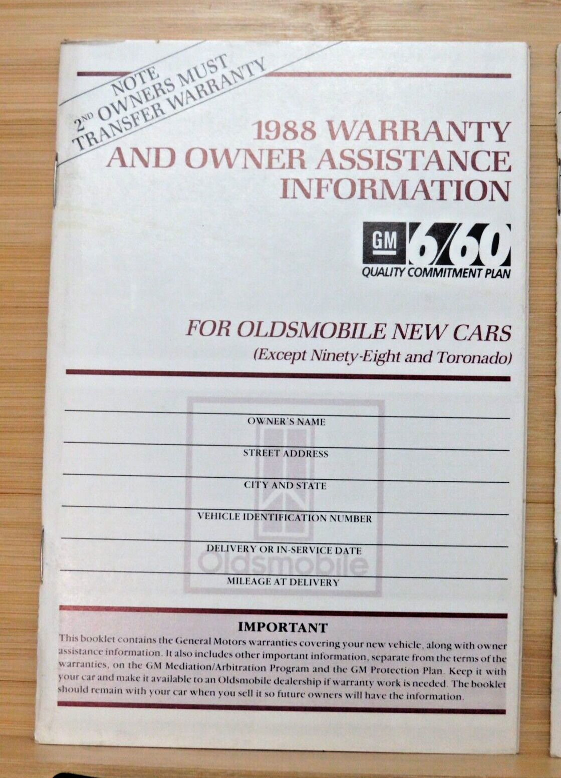 1988 Oldsmobile New Car Warranty & Owner Assistance Information