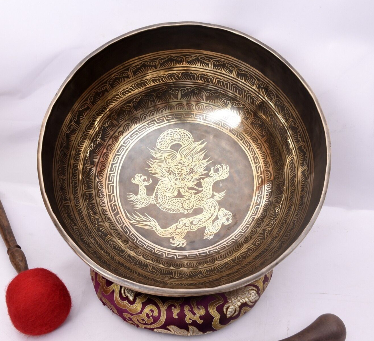 13 inches Chinese Dragon Carving Bowl-Handmade Singing Bowl-Tibetan Healing Gift
