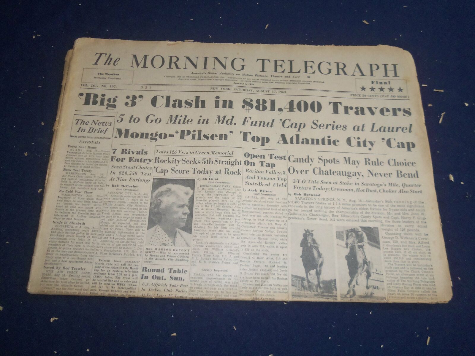 1963 AUGUST 17 THE MORNING TELEGRAPH - BIG 3 CLASH IN $81,400 TRAVERS - NP 5551