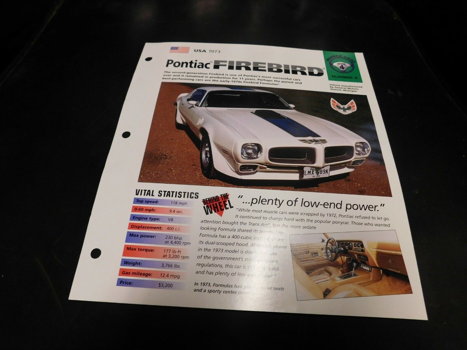 1973 Pontiac Firebird Spec Sheet Brochure Photo Poster