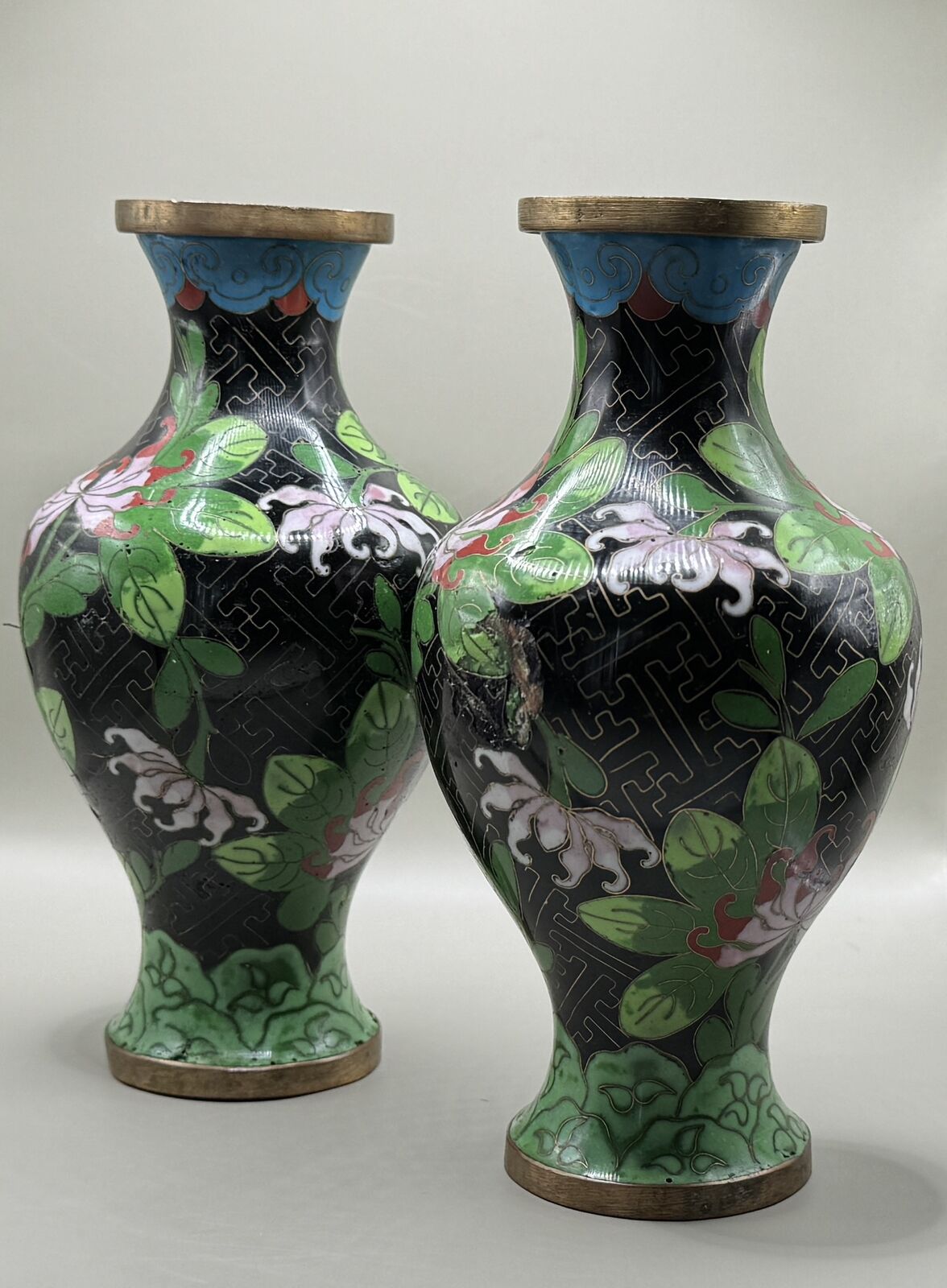 Pair of Vintage Chinese Cloisonné Vases with Floral and Fauna Motifs