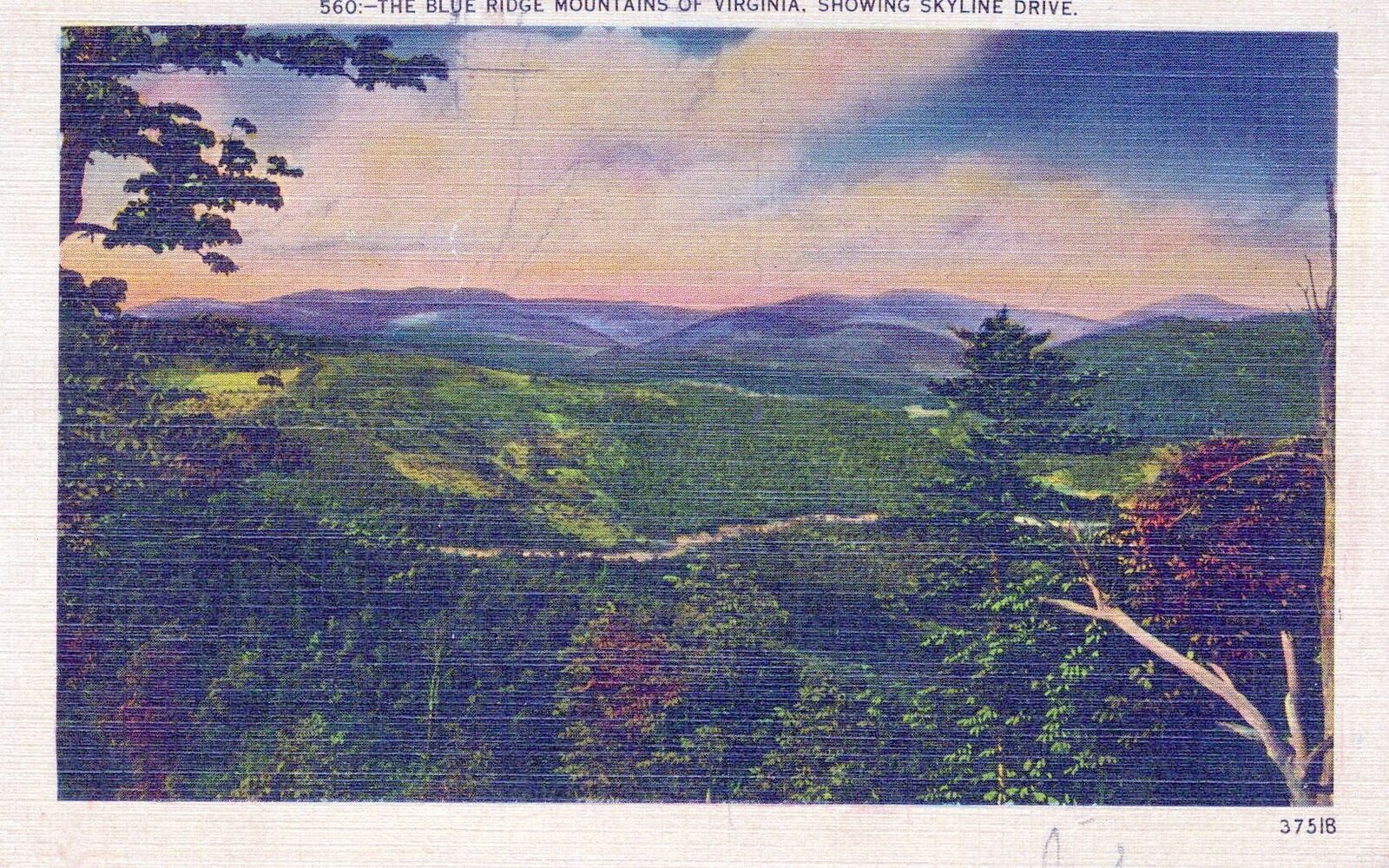 VINTAGE POSTCARD THE BLUE RIDGE MOUNTAINS OF VIRGINIA SHOWING SKYLINE DRIVE 1941