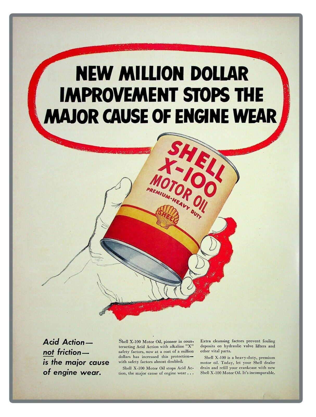 Shell X-100 Motor Oil Premium 1952 Vintage Print Ad Prevent Acid Wear
