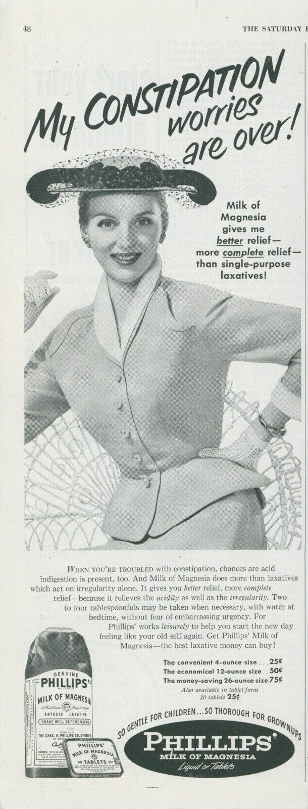 1952 Phillips Milk of Magnesia Woman Fashionable Hat Glove Vintage Print Ad SP10