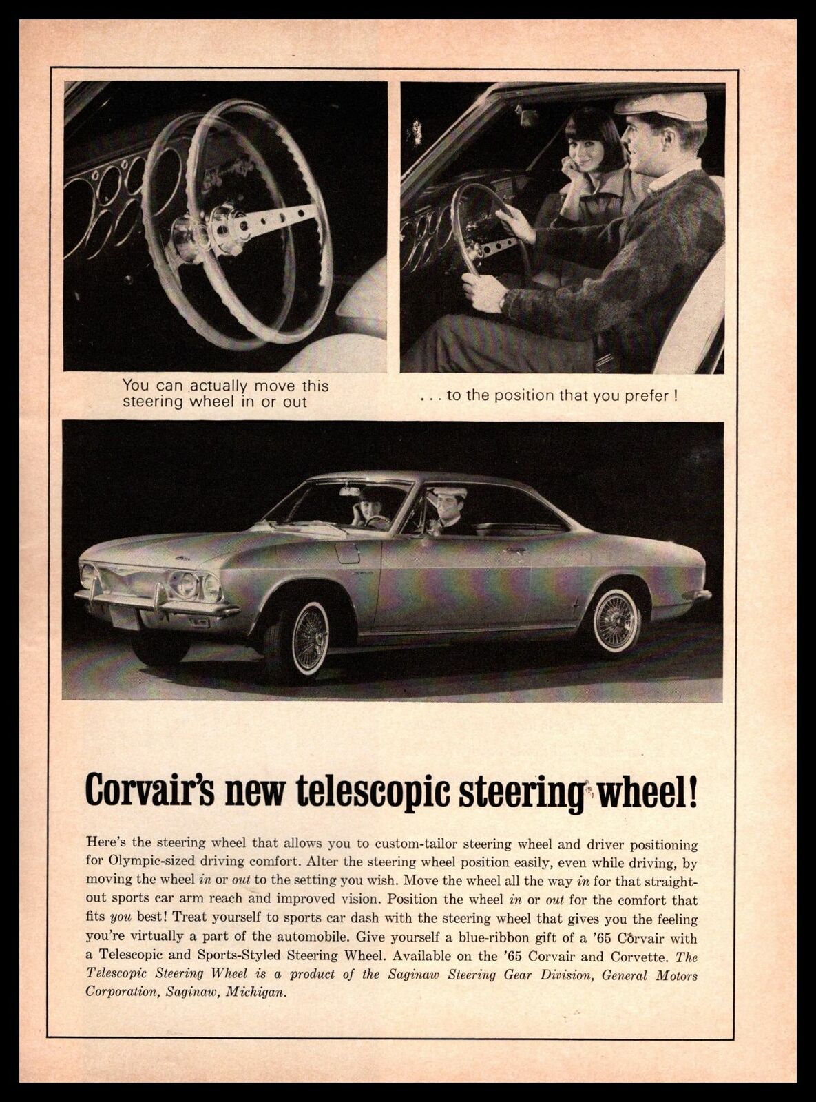 1964 Chevrolet Corvair Telescoping Steering Wheel Saginaw Gear Vintage Print Ad