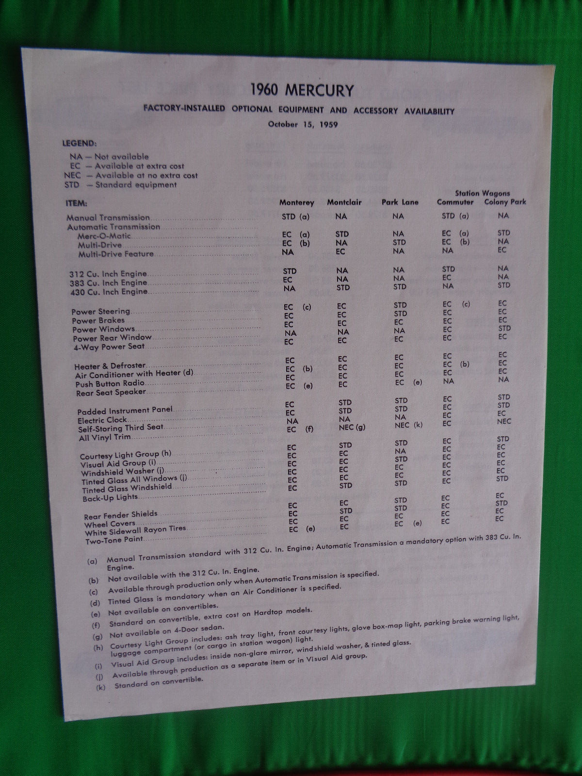 1960 Mercury Factory Installed Optional Equipment information sheet