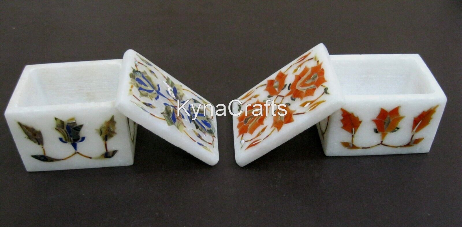 2.5x1.5 Inches Floral Design Inlaid Jewelry Box Marble Candy Box Set of 2 Pieces