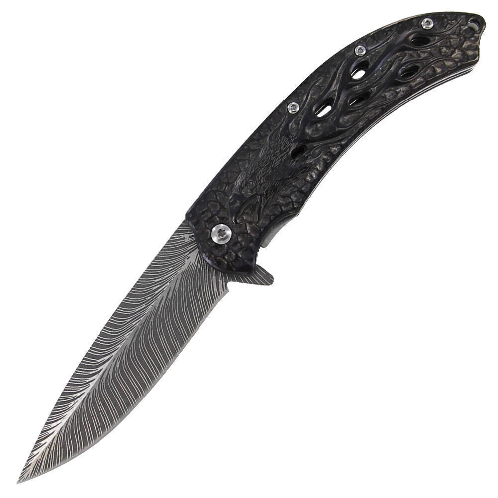Black Hawk Flaming Eagle Knife | Spring Assisted Opening Faux Damascus Blade