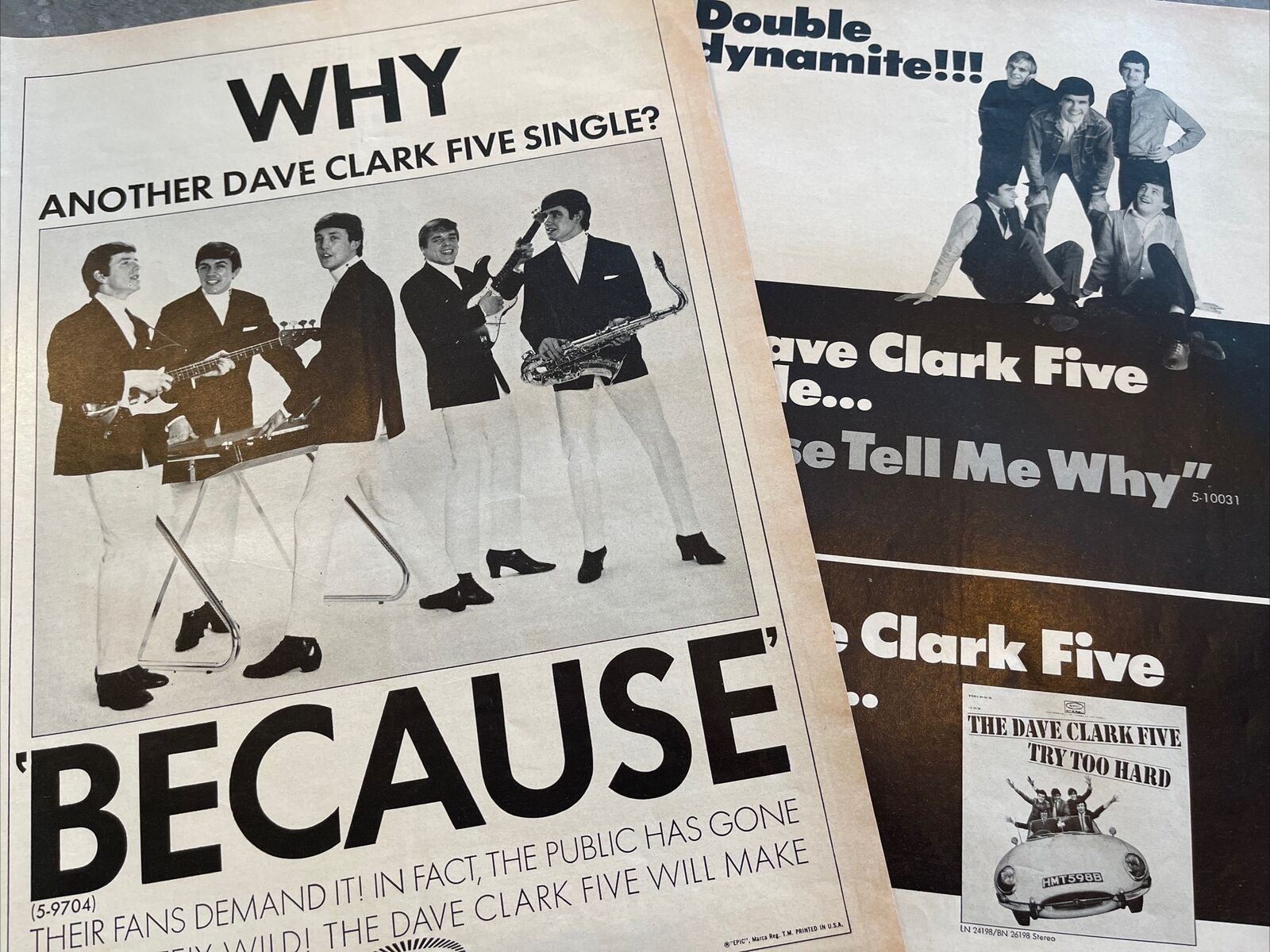 x2 Dave Clark Five Vintage 1964 & 1966 Epic Records Music Ads Because +